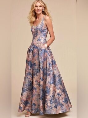 MARCHESA NOTTE Sequin Scoop Neck Brocade Floral Gown Ombré Maxi Dress